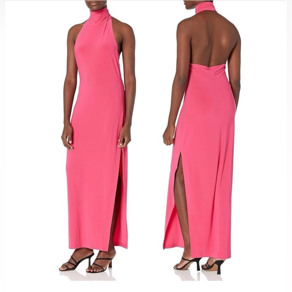 ⛵️Norma Kamali Rose Halter turtle side slit Gown Backless Maxi Dress L/40 NWT..